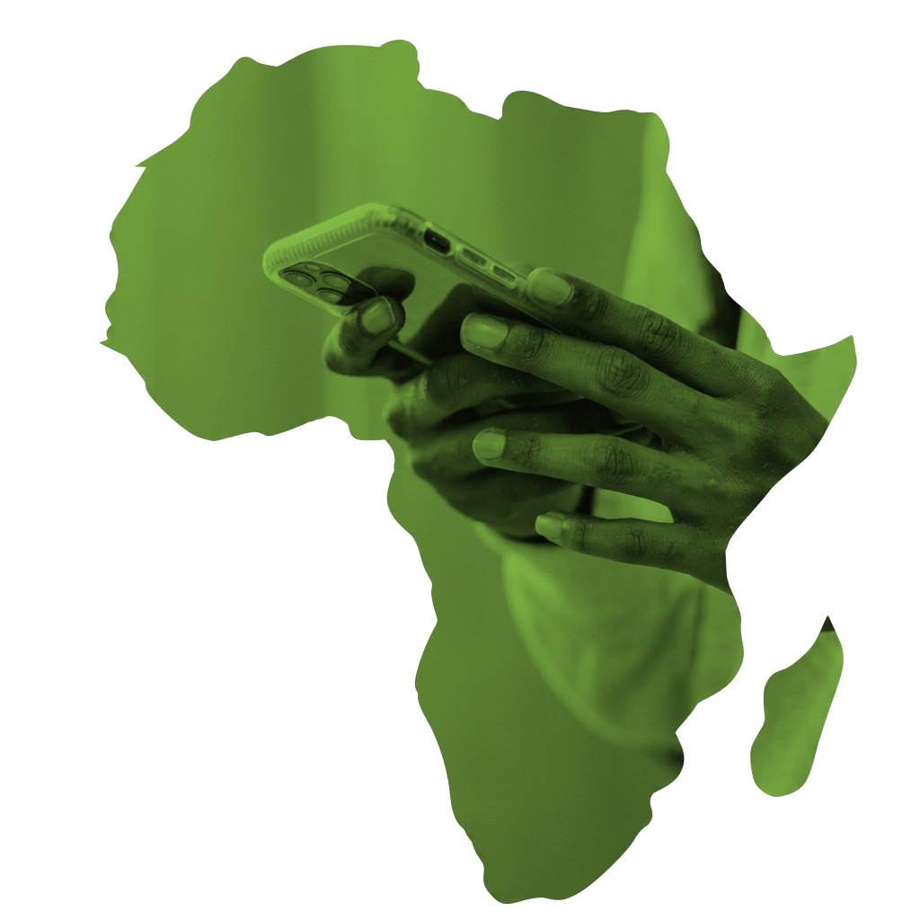 Africa silhouette with a hand holding a mobile phone, representing Eferio's connectivity focus across the continent