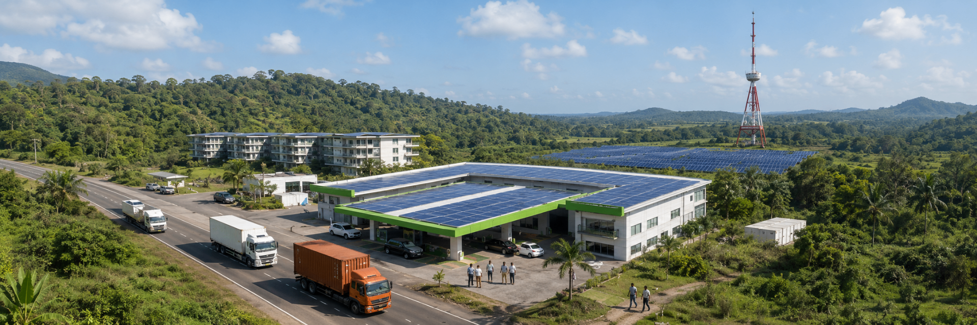 Solar-powered logistics hub with telecom tower in an African landscape
