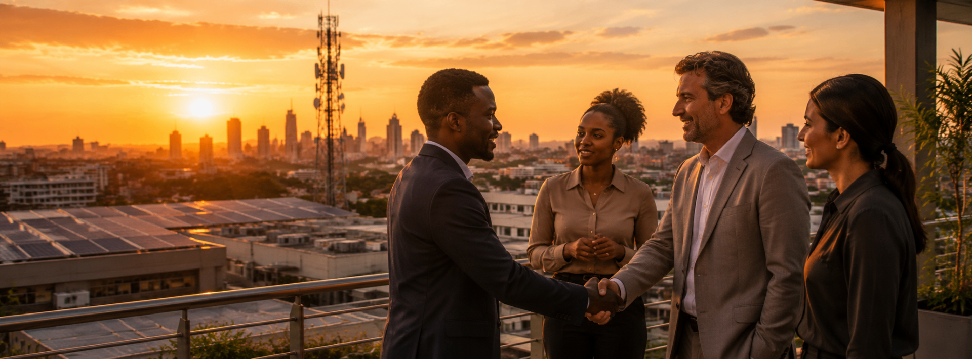 Business partners shaking hands at sunset on a rooftop overlooking an African city