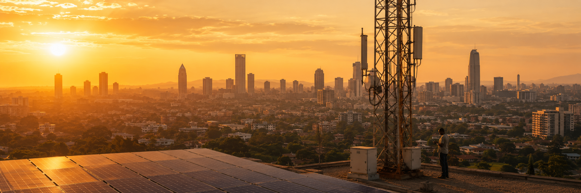 Telecom tower and rooftop solar overlooking an African city skyline at sunset