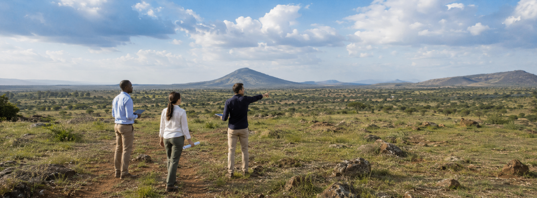 Team surveying an African landscape at the edge of a new development site