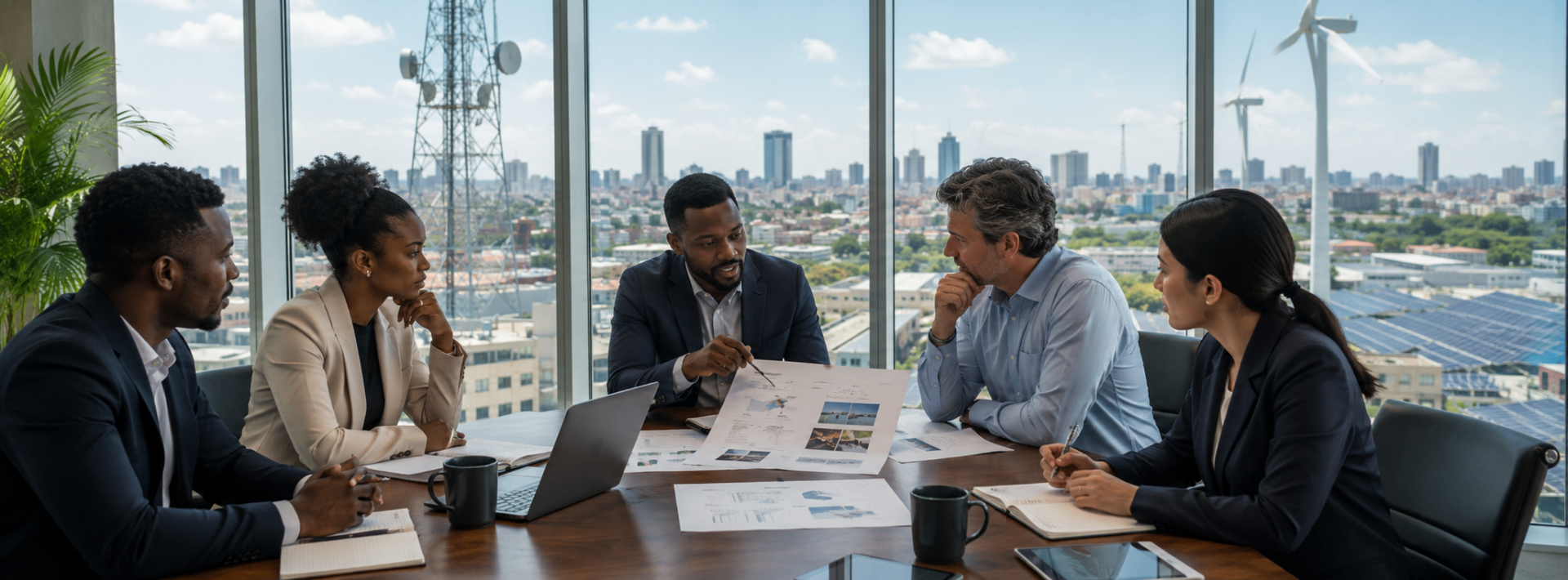 Executive team reviewing infrastructure plans in a boardroom overlooking telecom and renewable assets