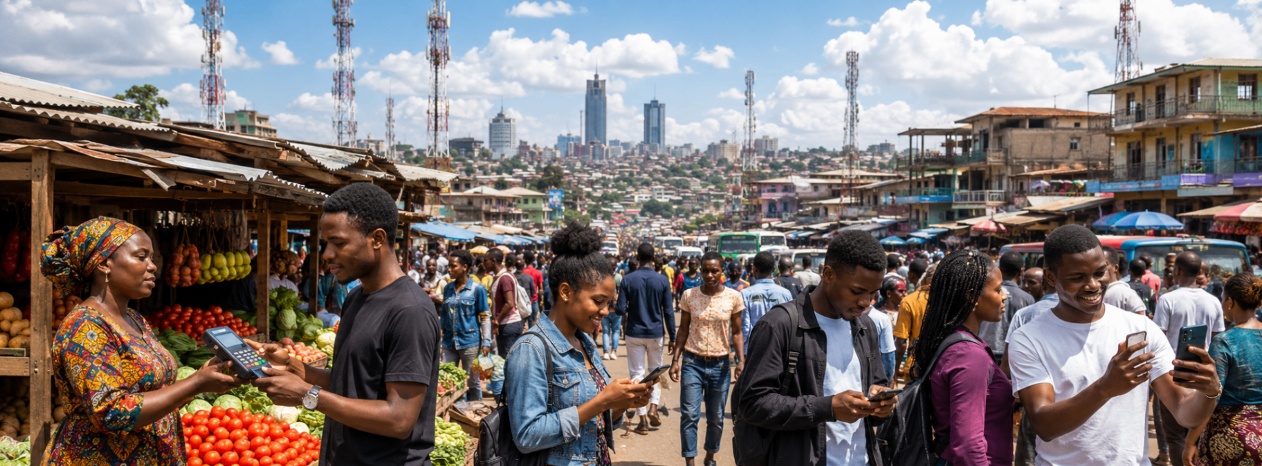 African market scene with people using mobile phones under telecom towers — digital inclusion in action